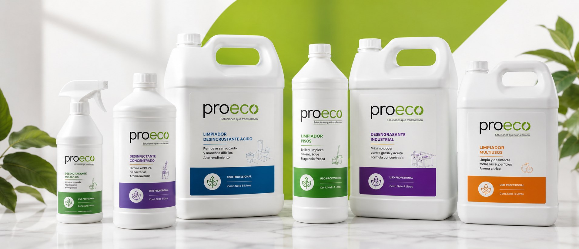 Línea completa de productos químicos de limpieza PROECO: desengrasantes, desinfectantes y limpiadores profesionales
