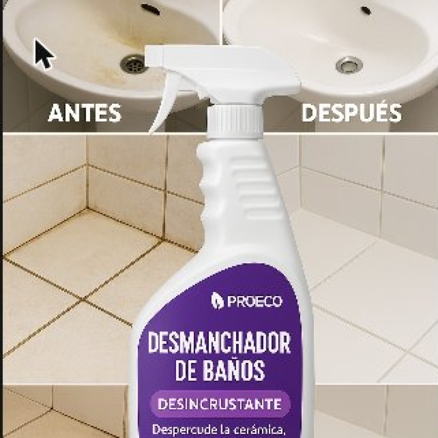 Atomizador morado Desmanchador de Baños PROECO con comparativa antes y después