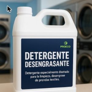 Bidón azul de Detergente Desengrasante PROECO en una lavandería