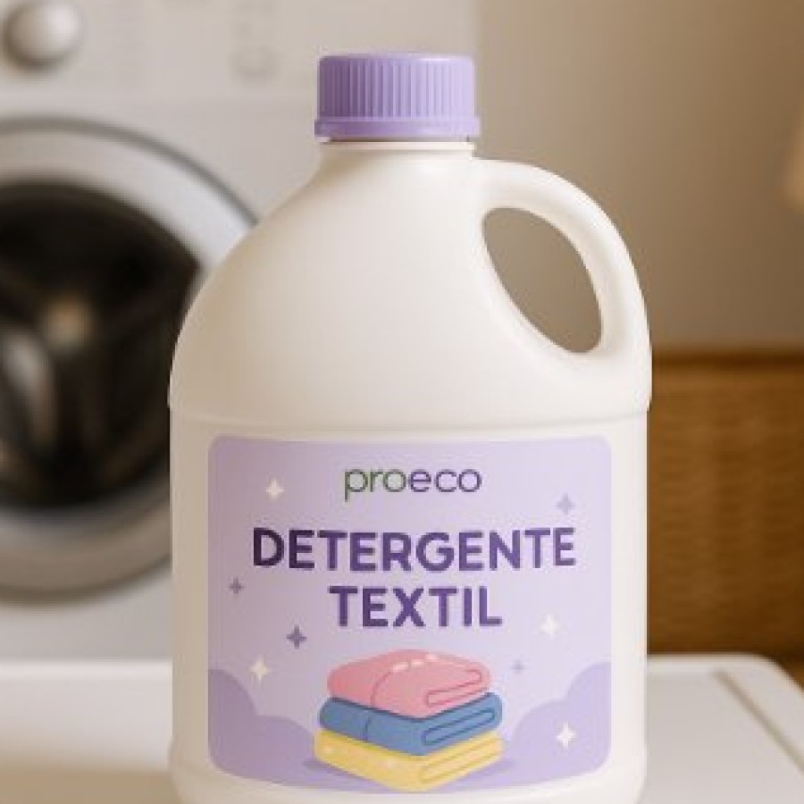 Garrafa lila de Detergente Textil PROECO junto a una lavadora