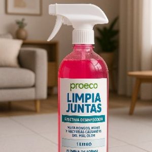 Botella rosada de Limpia Juntas PROECO de 1 litro en una sala