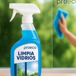 Atomizador azul de Limpia Vidrios PROECO junto a una ventana