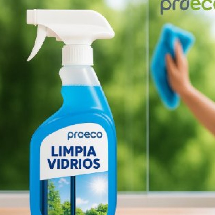 Atomizador azul de Limpia Vidrios PROECO junto a una ventana