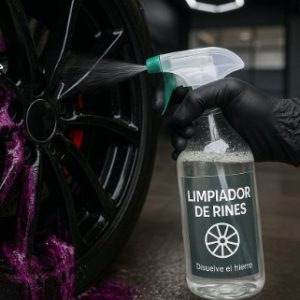 Atomizador Limpiador de Rines PROECO aplicándose sobre un rin negro