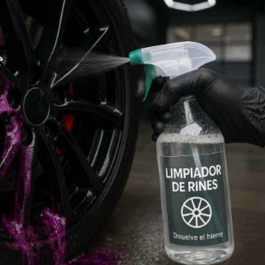 Atomizador Limpiador de Rines PROECO aplicándose sobre un rin negro